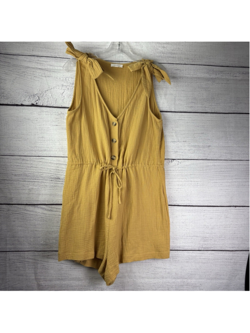 En Luxe Mustard Yellow Cotton Gauze Romper Tie Shoulder Button Front Jumpsuit M - Picture 3 of 8